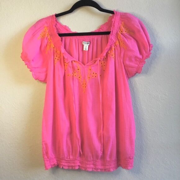 Bright pink wench peasant milkmaid style blouse orange embroidery cottaecore - Picture 1 of 4